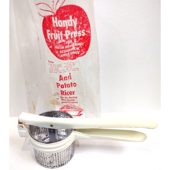 Vintage Metal White Handled Potato Rice Masher Juicer Strainer Press w OEM Bag - Picture 3 of 10
